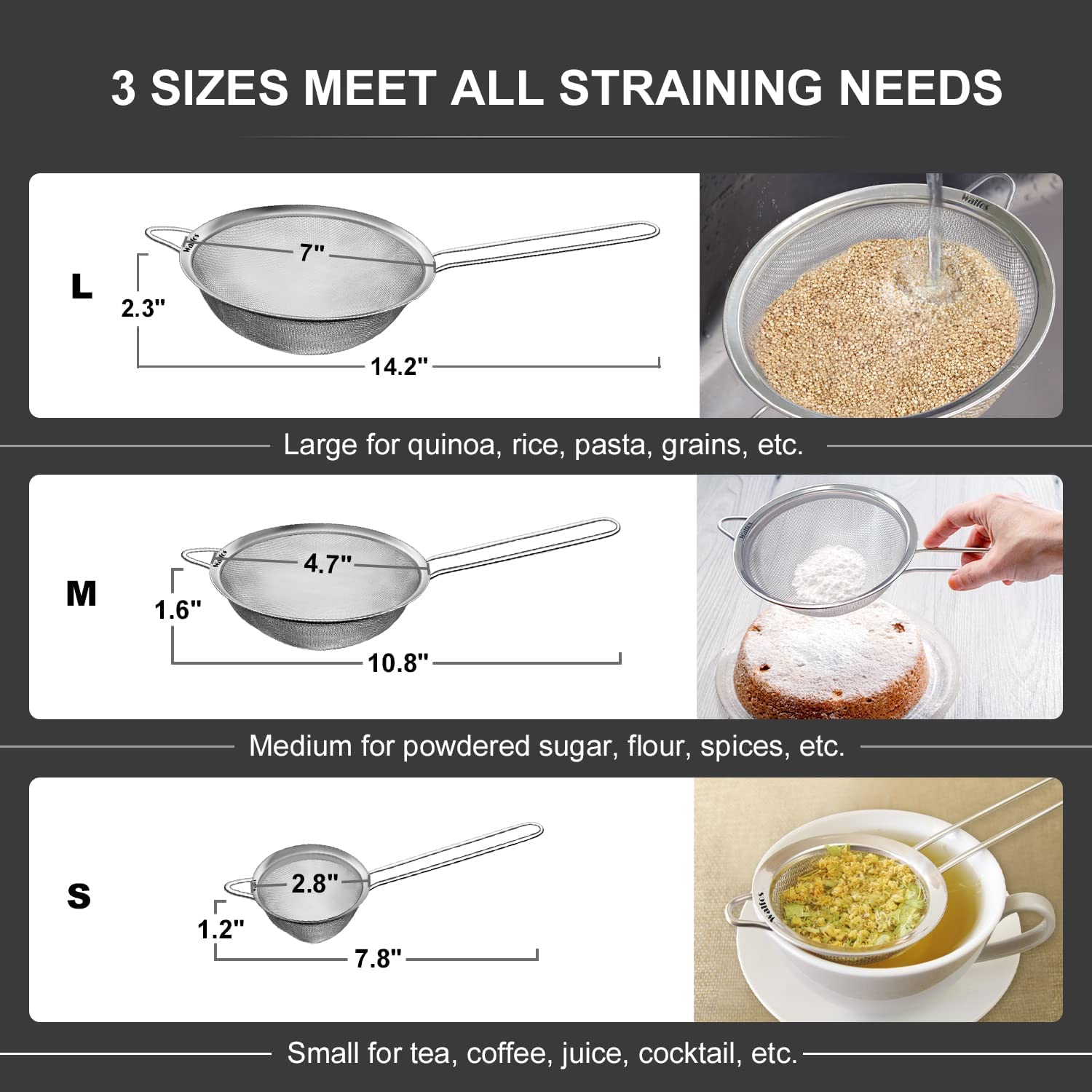 Walfos Fine Mesh Strainers Set, Premium Stainless Steel Sieve and Sifter with Sturdy Handle, Metal Kitchen Strainers Perfect for for Food, Rice, Quinoa, Fruit, Tea, Flour- 3 Sizes - Available at All In One Marketplace Canada