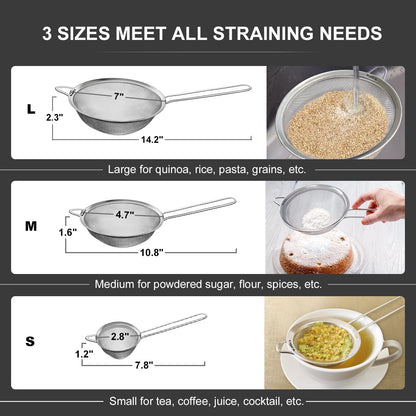Walfos Fine Mesh Strainers Set, Premium Stainless Steel Sieve and Sifter with Sturdy Handle, Metal Kitchen Strainers Perfect for for Food, Rice, Quinoa, Fruit, Tea, Flour- 3 Sizes - Available at All In One Marketplace Canada