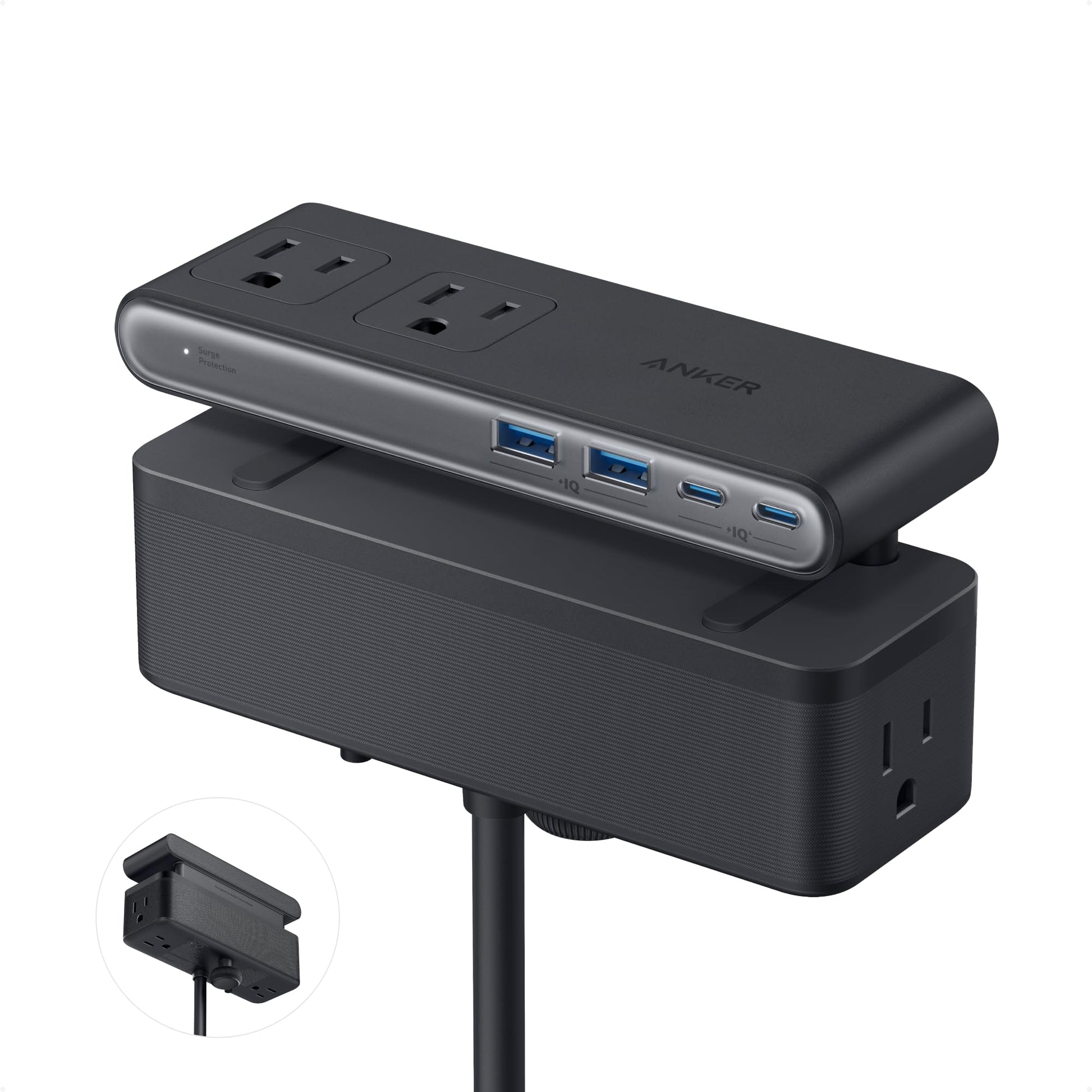Anker Nano Power Strip, Desk Clamp with 1500J Surge Protector, 5ft Extension Cord, 70W Max Gaming Desk Accessories, 6 AC, 2 USB A, 2 USB C, Home Office Essentials, Fit 0.6~1.8'' Tabletop Edge (Black) - Available at All In One Marketplace Canada