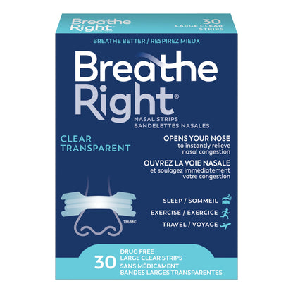 Breathe Right Nasal Strips, Original Large, Clear, Sensitive Skin, Drug-Free Snoring Solution & Nasal Congestion Relief Caused by Colds & Allergies, Nightly Sleep, 30 Count - Available at All In One Marketplace Canada