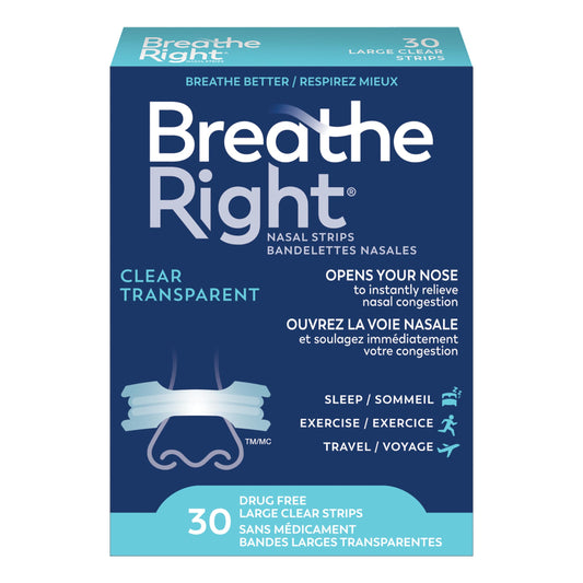 Breathe Right Nasal Strips, Original Large, Clear, Sensitive Skin, Drug-Free Snoring Solution & Nasal Congestion Relief Caused by Colds & Allergies, Nightly Sleep, 30 Count - Available at All In One Marketplace Canada