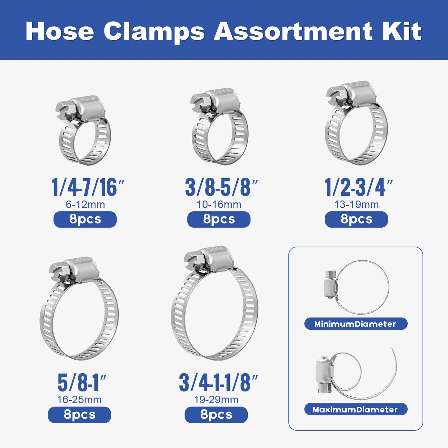 Hose Clamps, Small Worm Gear Hose Clamp Kit, Stainless Steel Worm Gear Hose Clamps for Radiator, Heater, 1 inch, 3/8 inch, 1/2 inch, 1/4 inch, 40 pcs