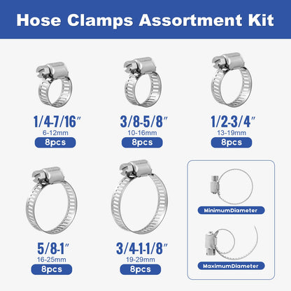 Hose Clamps, Small Worm Gear Hose Clamp Kit, Stainless Steel Worm Gear Hose Clamps for Radiator, Heater, 1 inch, 3/8 inch, 1/2 inch, 1/4 inch, 40 pcs