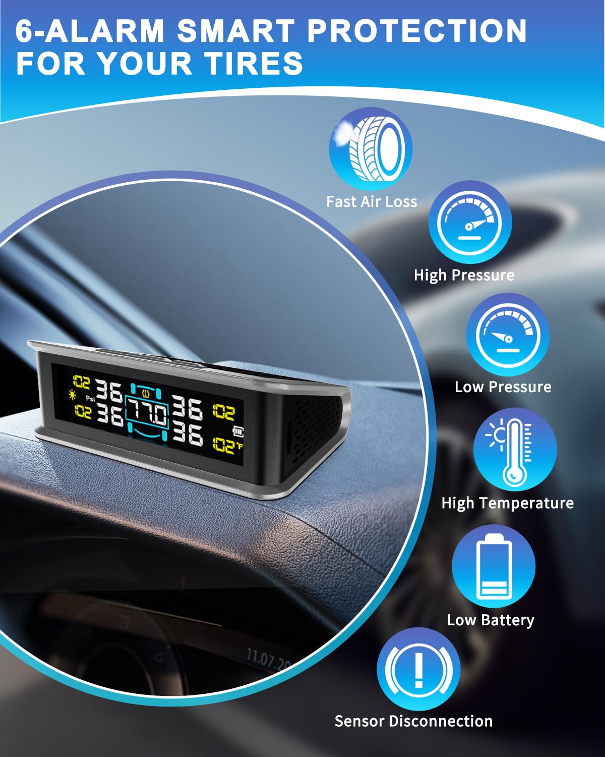 Flydew RV Tire Pressure Monitoring System (TPMS) - TPMS sensors Set of 4 | Solar/USB Charger | LCD Display | for RV/Truck/SUV/MPV/Sedan | TPMS Kit