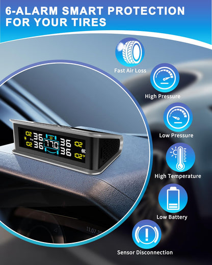 Flydew RV Tire Pressure Monitoring System (TPMS) - TPMS sensors Set of 4 | Solar/USB Charger | LCD Display | for RV/Truck/SUV/MPV/Sedan | TPMS Kit