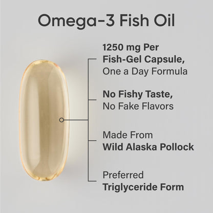 Sports Research® Triple Strength Omega 3 Fish Oil - Burpless Fish Oil Supplement w/EPA & DHA Fatty Acids from Wild Alaskan Pollock - Heart, Brain & Immune Support for Men & Women - 1250 mg, 30 count