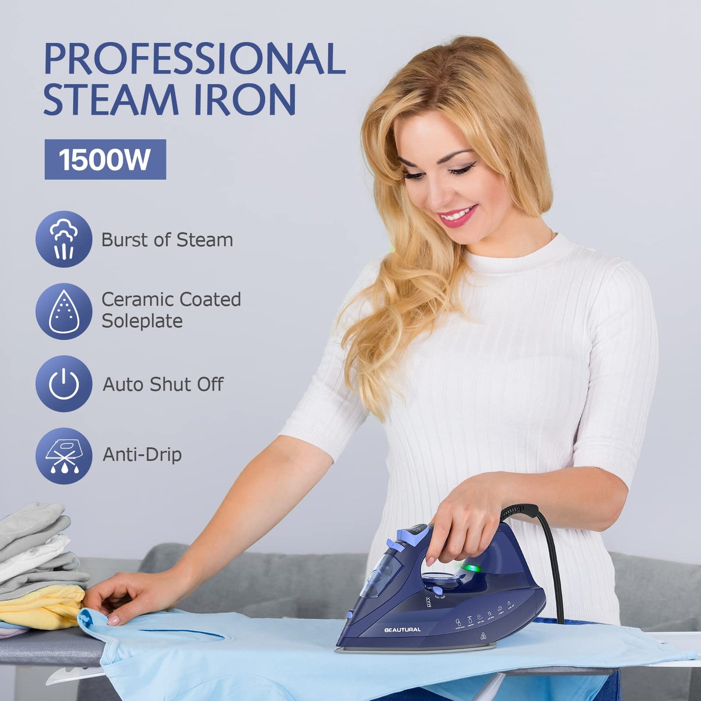 BEAUTURAL Steam Iron for Clothes with Precision Thermostat Dial, Ceramic Coated Soleplate, 3-Way Auto-Off, Self-Cleaning, Anti-Calcium, Anti-Drip - Available at All In One Marketplace Canada