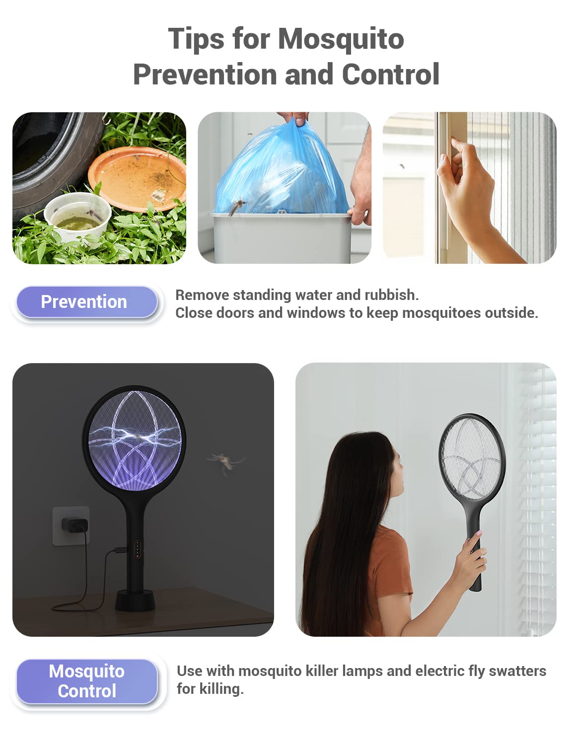 YISSVIC Bug Zapper Racket Electric Fly Swatter Fly Zapper Indoor Outdoor Rechargeable (Black-2 Piece)