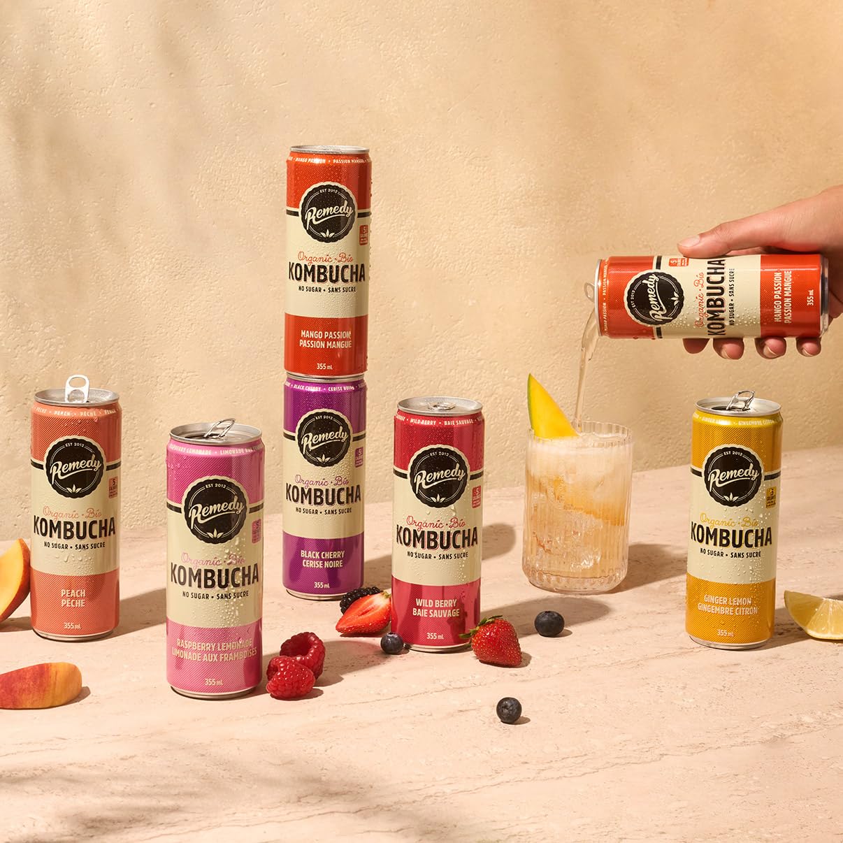Remedy Kombucha Sugar-Free Organic Sparkling Drink - 6 Flavour Variety Pack, 355 mL Cans (24-Pack)