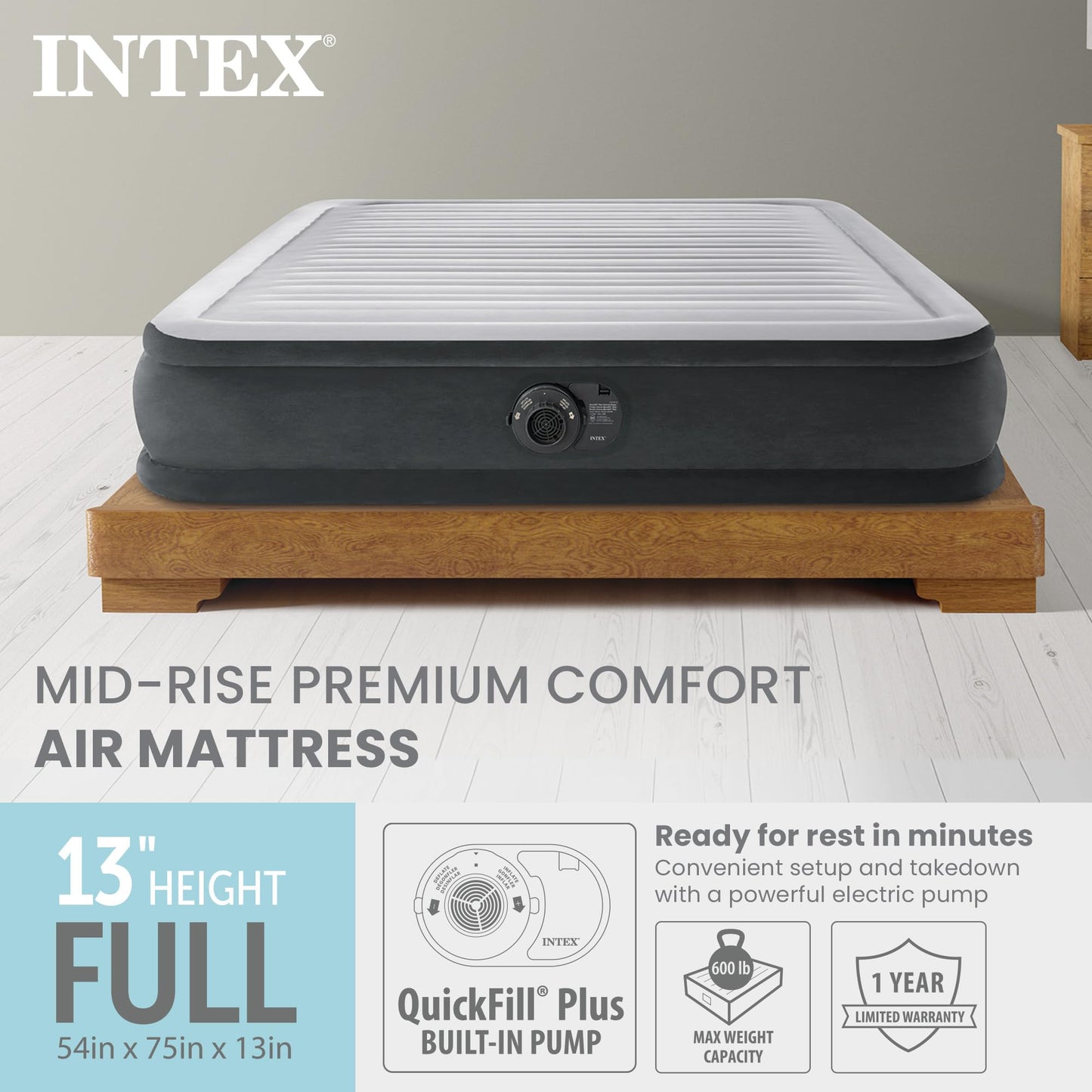INTEX 67767ED Dura-Beam Deluxe Comfort-Plush Mid-Rise Air Mattress: Fiber-Tech – Full Size – Built-in Electric Pump – 13in Bed Height – 600lb Weight Capacity