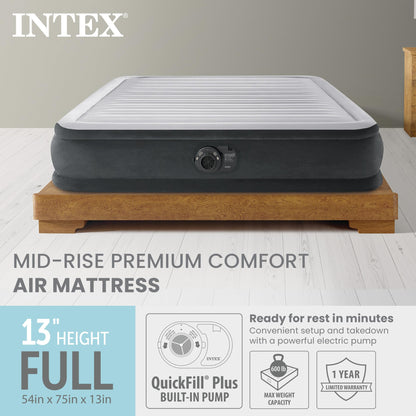 INTEX 67767ED Dura-Beam Deluxe Comfort-Plush Mid-Rise Air Mattress: Fiber-Tech – Full Size – Built-in Electric Pump – 13in Bed Height – 600lb Weight Capacity