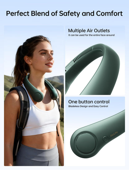 JISULIFE Portable Neck Fan, Hands Free Bladeless Hanging Sport Fan, 4000 mAh Battery Operated Wearable Personal Fan, Leafless, Rechargeable, Headphone Design, USB Powered,5 Speeds-Dark Green