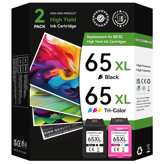 Chromojet 65XL Ink Cartridge Black Color Combo Pack Compatible for HP 65 Ink Cartridges fit for DeskJet 3755 2655 3752 2600 3700 2652 3720 2622 2620 Envy 5055 5052 5000 5010 5070 5030 Printer,2 Pack