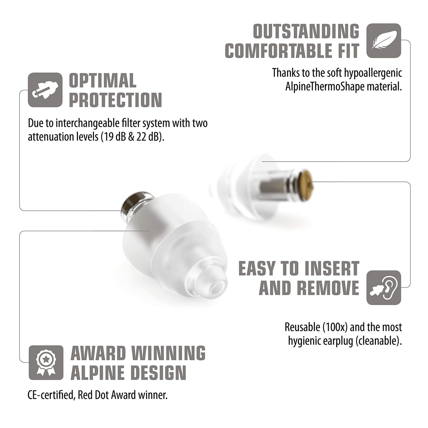 Alpine MusicSafe High Fidelity Music Ear Plugs for Noise Reduction - 2 Interchangeable Filter Sets - Professional Musician Hearing Protection - Hypoallergenic Reusable Soft Transparent Earplugs Alpine
