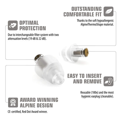 Alpine MusicSafe High Fidelity Music Ear Plugs for Noise Reduction - 2 Interchangeable Filter Sets - Professional Musician Hearing Protection - Hypoallergenic Reusable Soft Transparent Earplugs Alpine