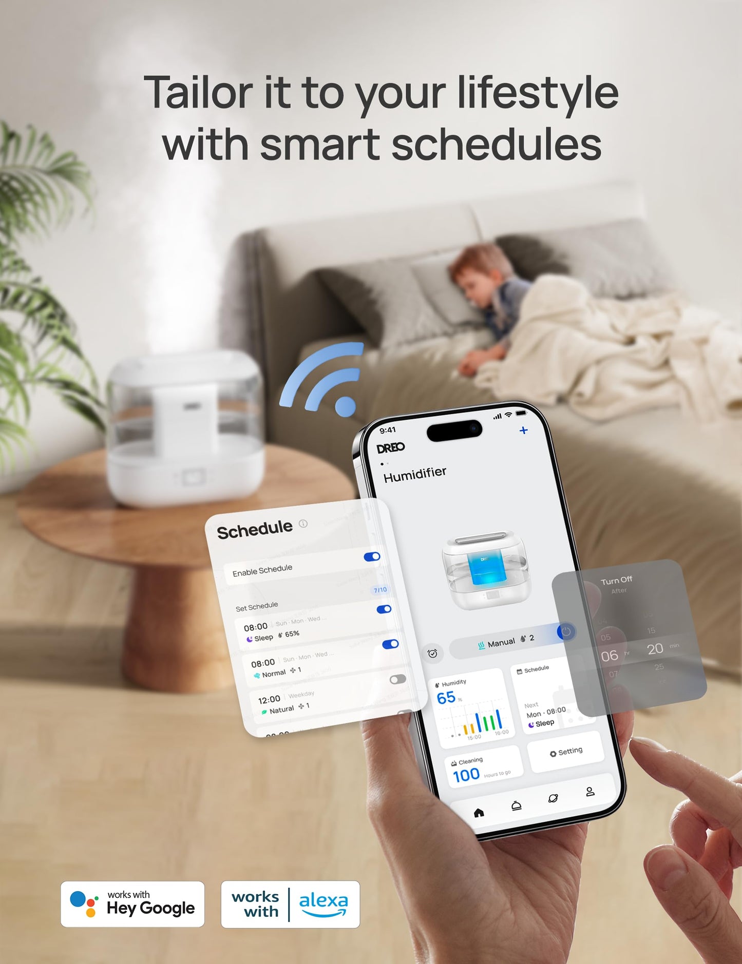DREO 4L Smart Humidifiers for Bedroom, Top Fill Quiet Cool Mist Humidifier for Baby Large Room, Ultrasonic with Oil Diffuser, Nightlight, Auto, 32H Runtime for Home, Nursery, Plants, Works with Alexa DREO