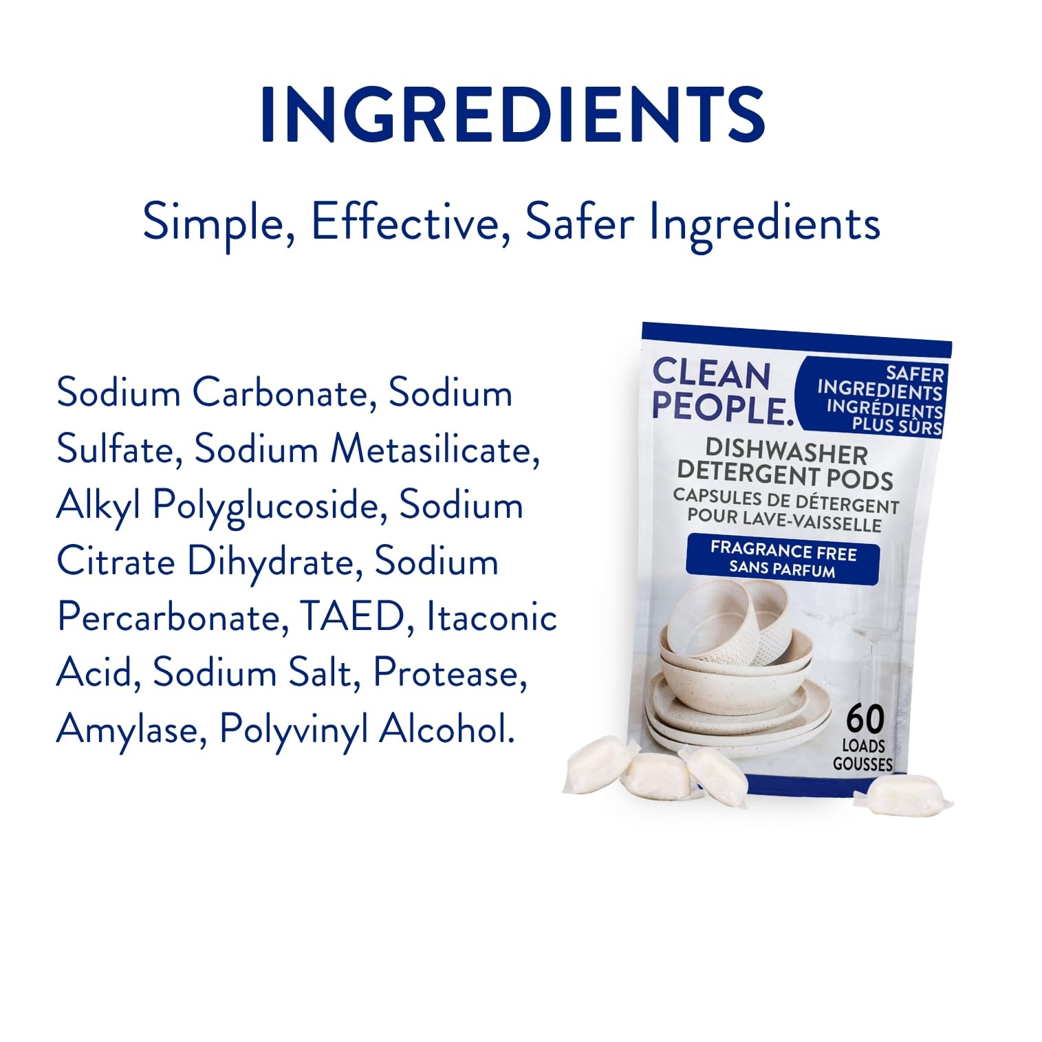 Clean People All Natural Dishwasher Pods - Cuts Grease & Rinses Sparkling Clean - Residue-Free - Phosphate Free Dishwashing Pods - Fragrance Free, 60 Pack