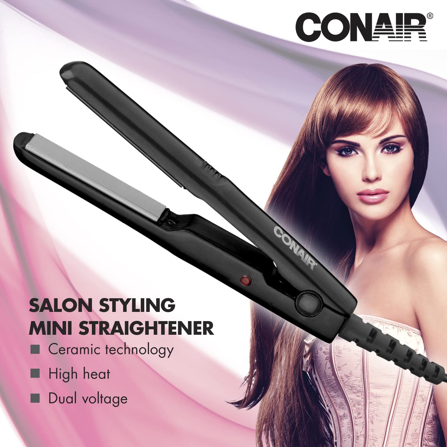 Conair Mini Pro CS80XAC 1/2-Inch Hair Straightener, 56°F (180°C) High Heat, Dual Voltage, 13mm Flat Iron, Black, Travel flat iron Conair