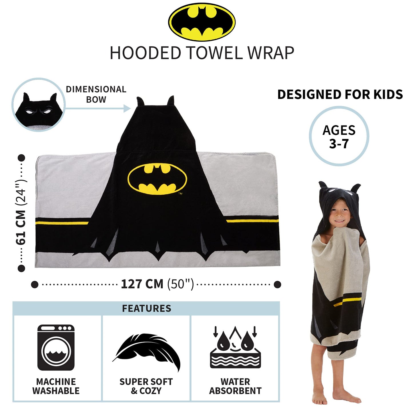 Batman Kids Bath/Pool/Beach Super Soft Cotton Terry Hooded Towel Wrap, 24" x 50", (Officially Licensed Product) By Franco Franco
