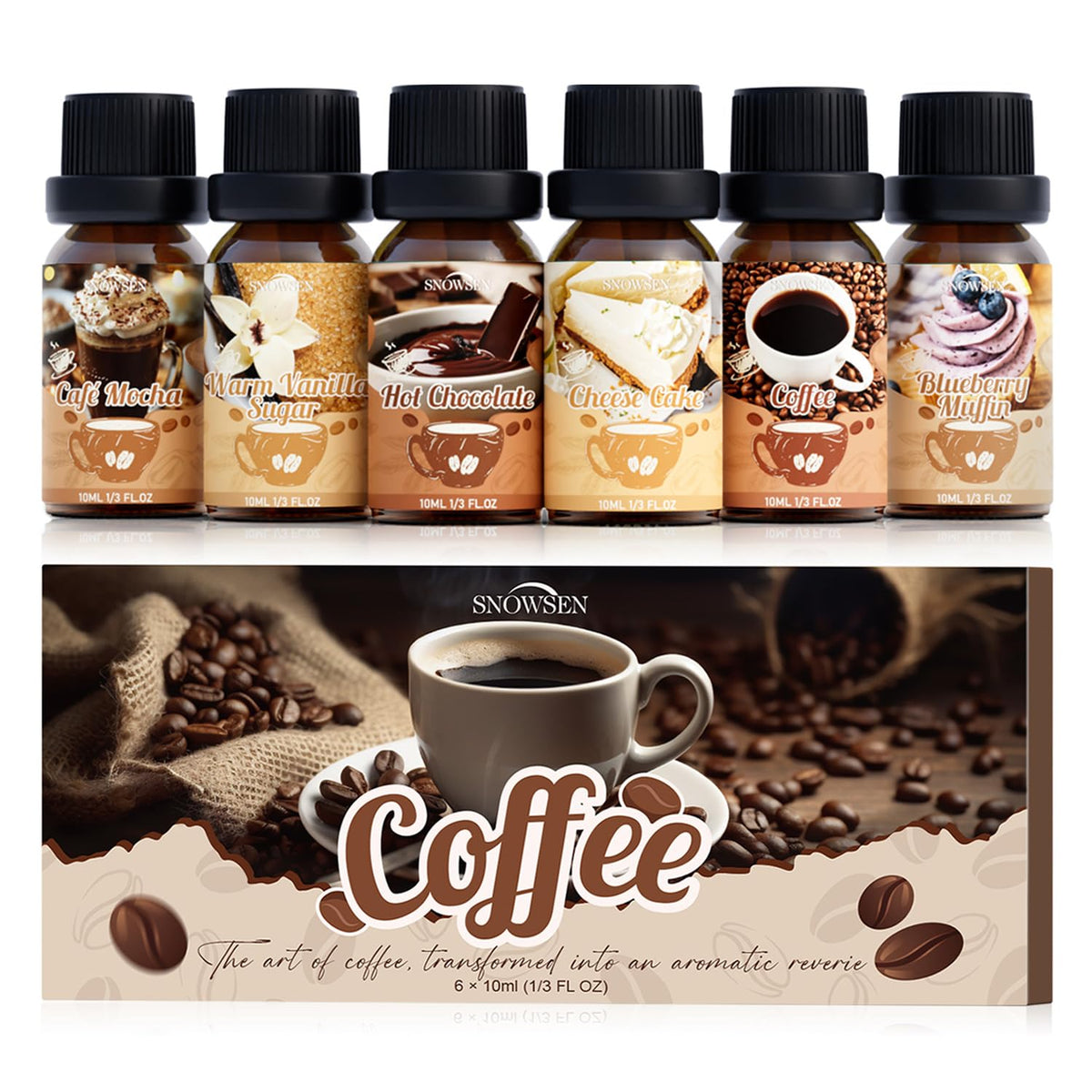 SNOWSEN Coffee Essential Oils Set—Blueberry Muffin, Café Mocha, Hot Chocolate, Cheese Cake, Coffee, Warm Vanilla Sugar Essential Oils for Diffuser, Candle & Soap Making, Diffuser Oils Scents 🍁 All In One Marketplace Canada