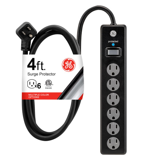 GE 6-Outlet Surge Protector, 4 Ft Extension Cord, Power Strip, 800 Joules, Flat Plug, Twist-to-Close Safety Covers, Protected Indicator Light, UL Listed, Black, 33659 - Available at All In One Marketplace Canada