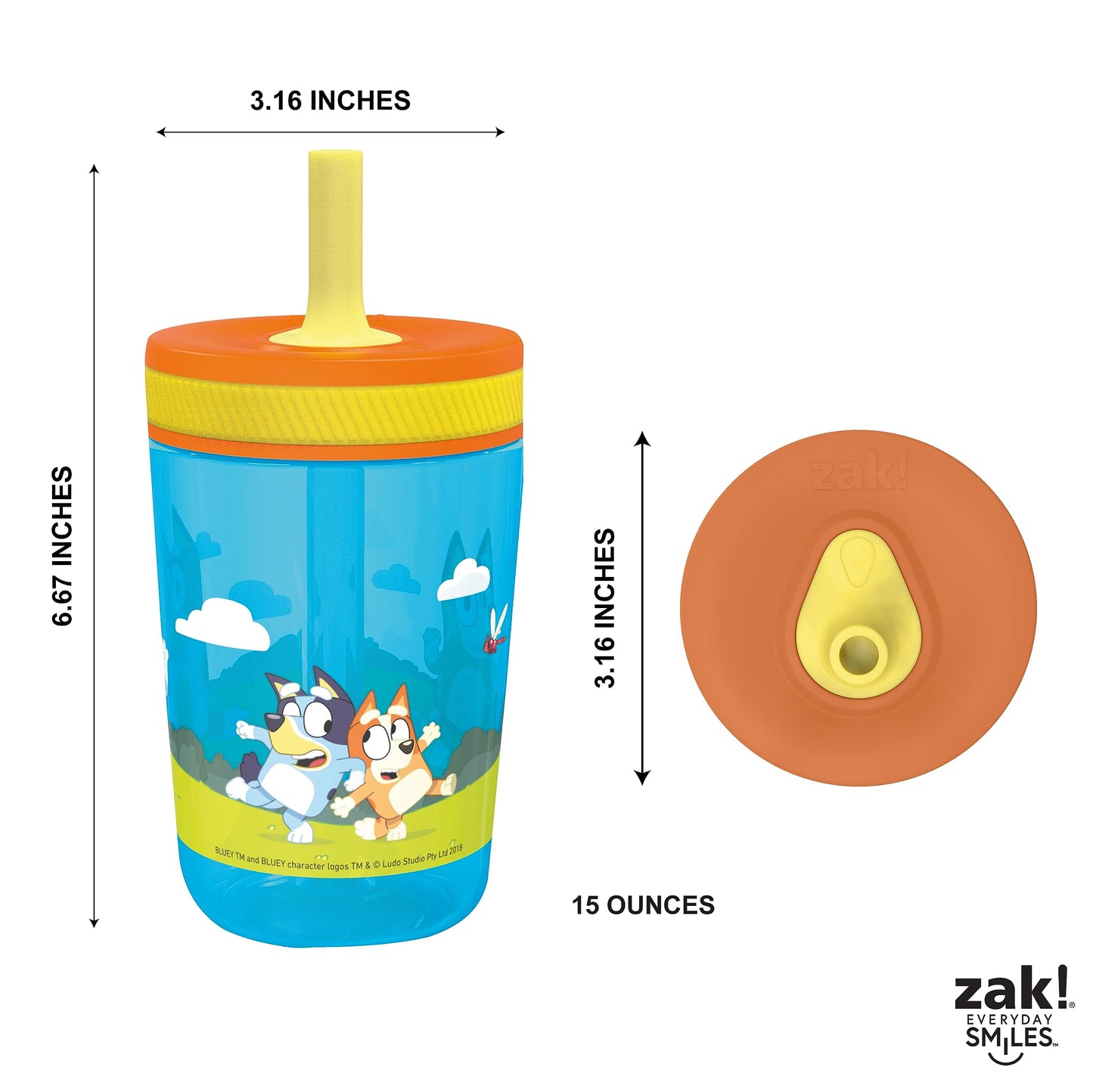 Zak Designs Bluey Kelso 15oz Leak-Proof Toddler Straw Cups, 2-Pack