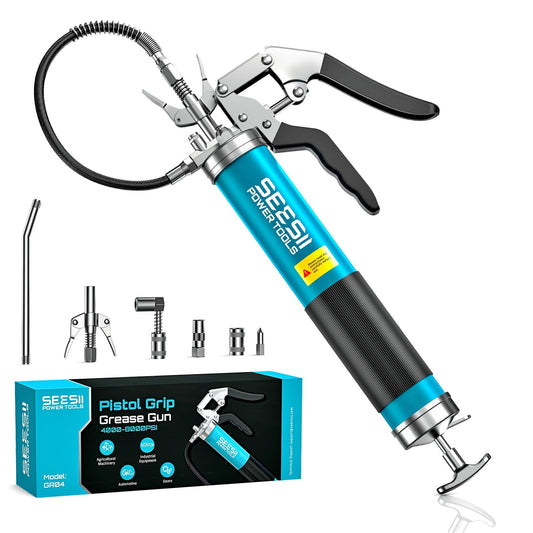 Seesii 8000PSI Grease Gun Kit: Heavy Duty Pistol Grip Grease Gun with 14oz Capacity, Quick-Release Coupler, 90° Adapter, Flexible Hose, Rigid Pipe for Automotive, Agricultural, Industrial, Farm, Car