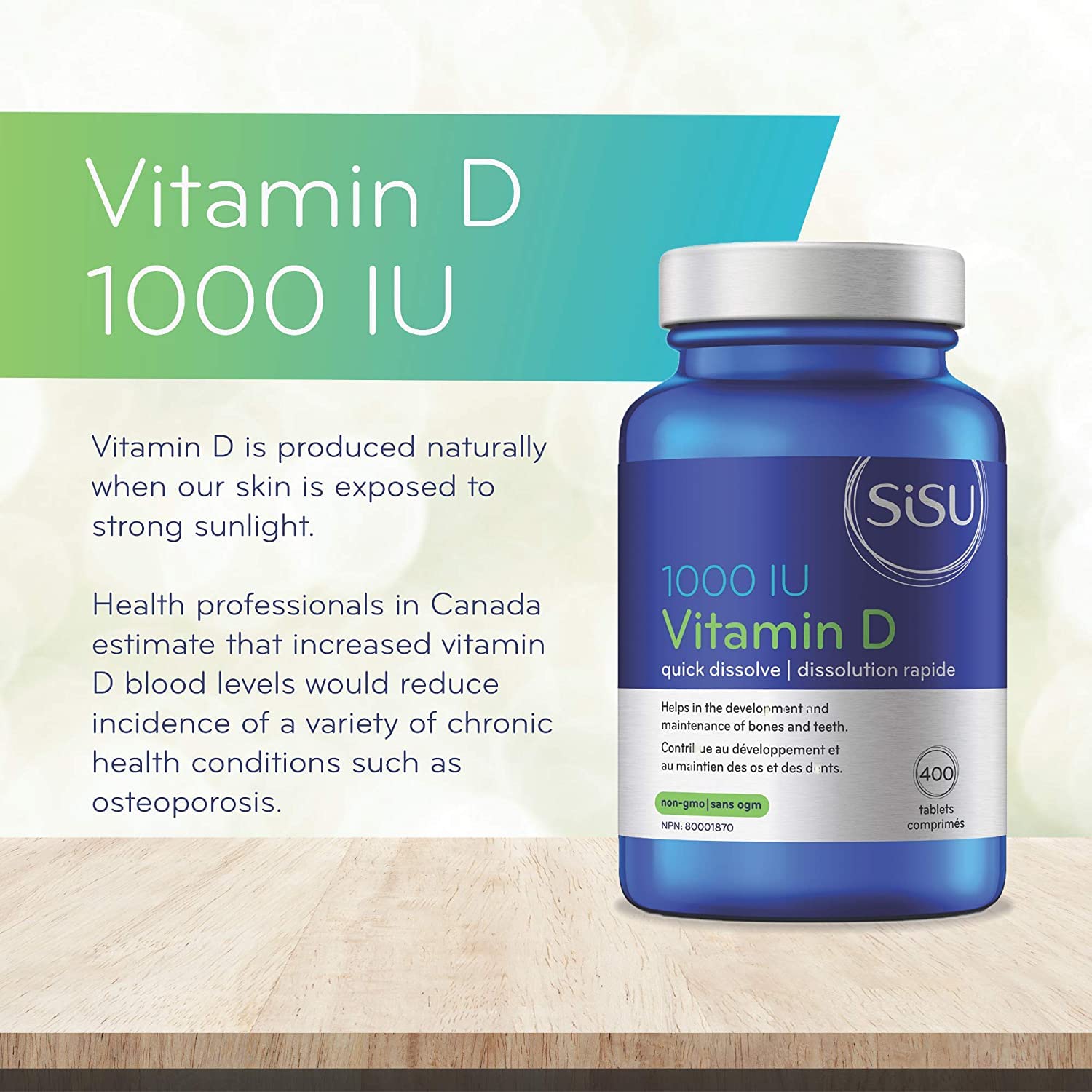 SISU Vitamin D 1000 IU, Unflavoured | Essential to Proper Calcium Absorption and Preventing Bone Loss | 400 Tiny, Quick-Dissolving Tablets | Gluten Free, Dairy Free, Non-GMO SISU