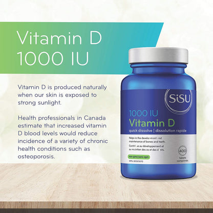 SISU Vitamin D 1000 IU, Unflavoured | Essential to Proper Calcium Absorption and Preventing Bone Loss | 400 Tiny, Quick-Dissolving Tablets | Gluten Free, Dairy Free, Non-GMO SISU