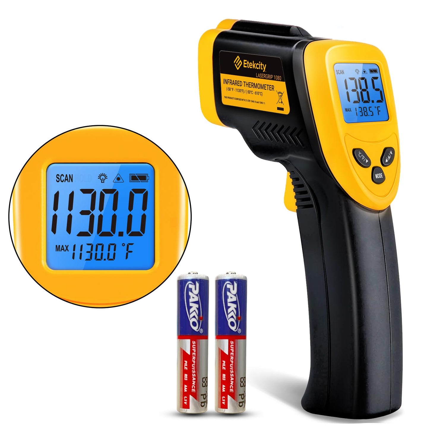 Etekcity Lasergrip 1080 Laser Thermometer Digital Infrared Thermometer Temperature Gun for Kitchen Cooking BBQ Grill and Bath Water, -58℉~1130℉ (-50℃～610℃), Yellow and Black