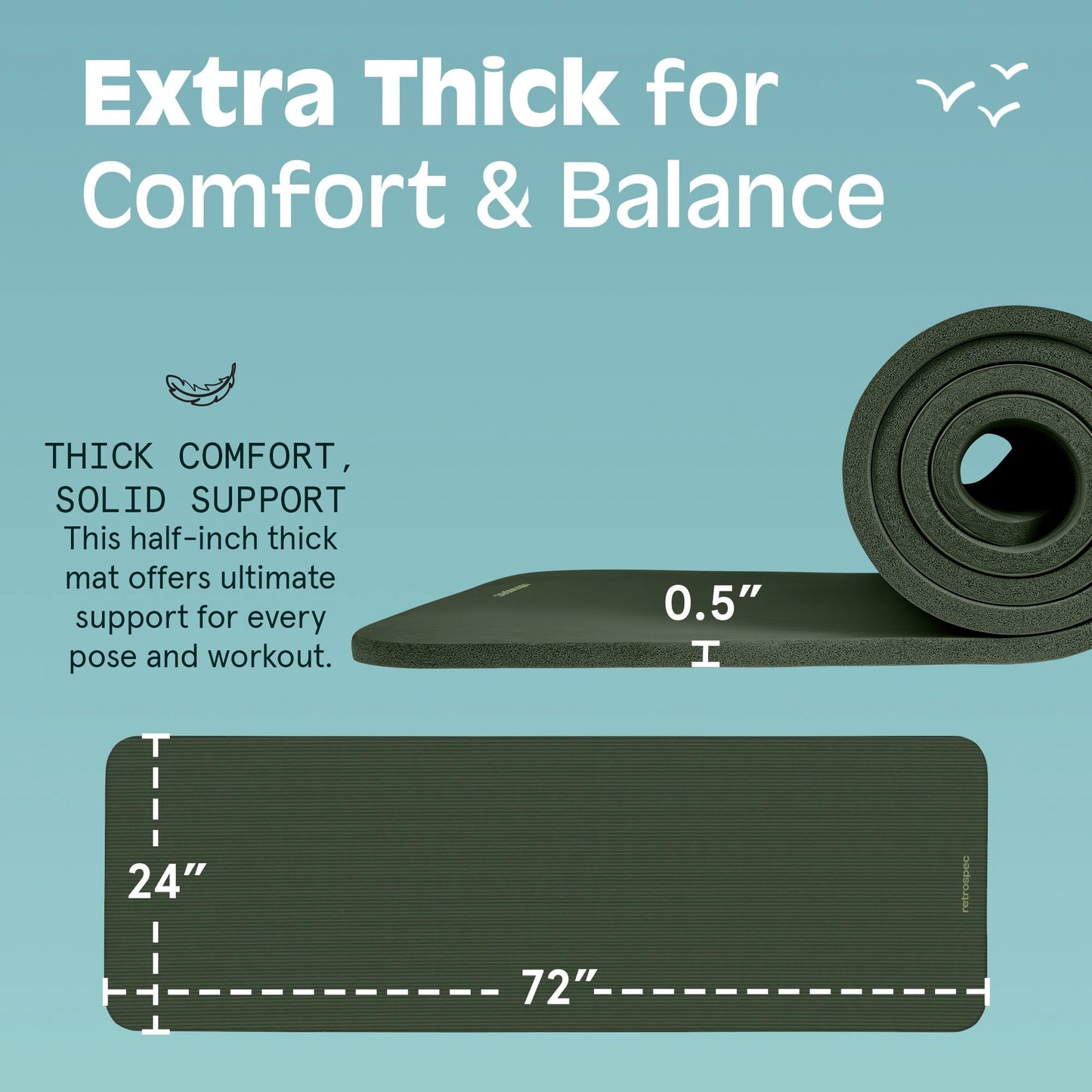 Retrospec Solana Yoga Mat 1/2" Thick w/Nylon Strap for Men & Women - Non Slip Excercise Mat for Yoga, Pilates, Stretching, Floor & Fitness Workouts, Wild Spruce