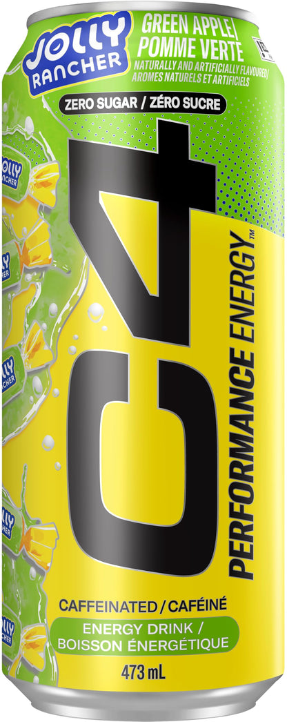 Cellucor C4 Performance Energy Drink, Jolly Rancher Green Apple, Carbonated Sugar Free Drink with no Artificial Colours or Dyes, 473mL, 12 count