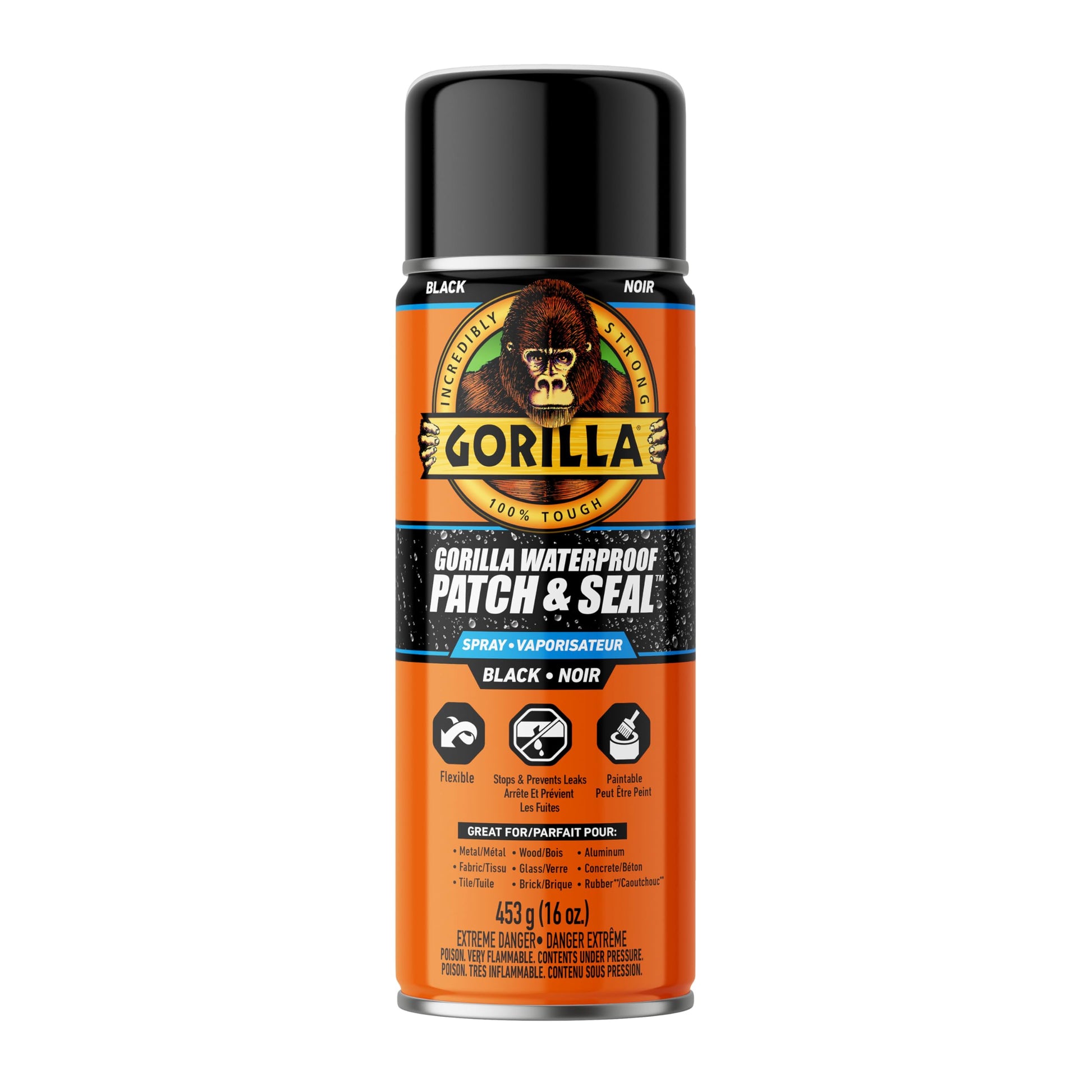 Gorilla Waterproof Patch & Seal Spray, Flexible Rubberized Coating, Seals Out Water Air & Moisture, Stops & Prevents Leaks, Black, 16oz/453g, (Pack of 1) GORILLA