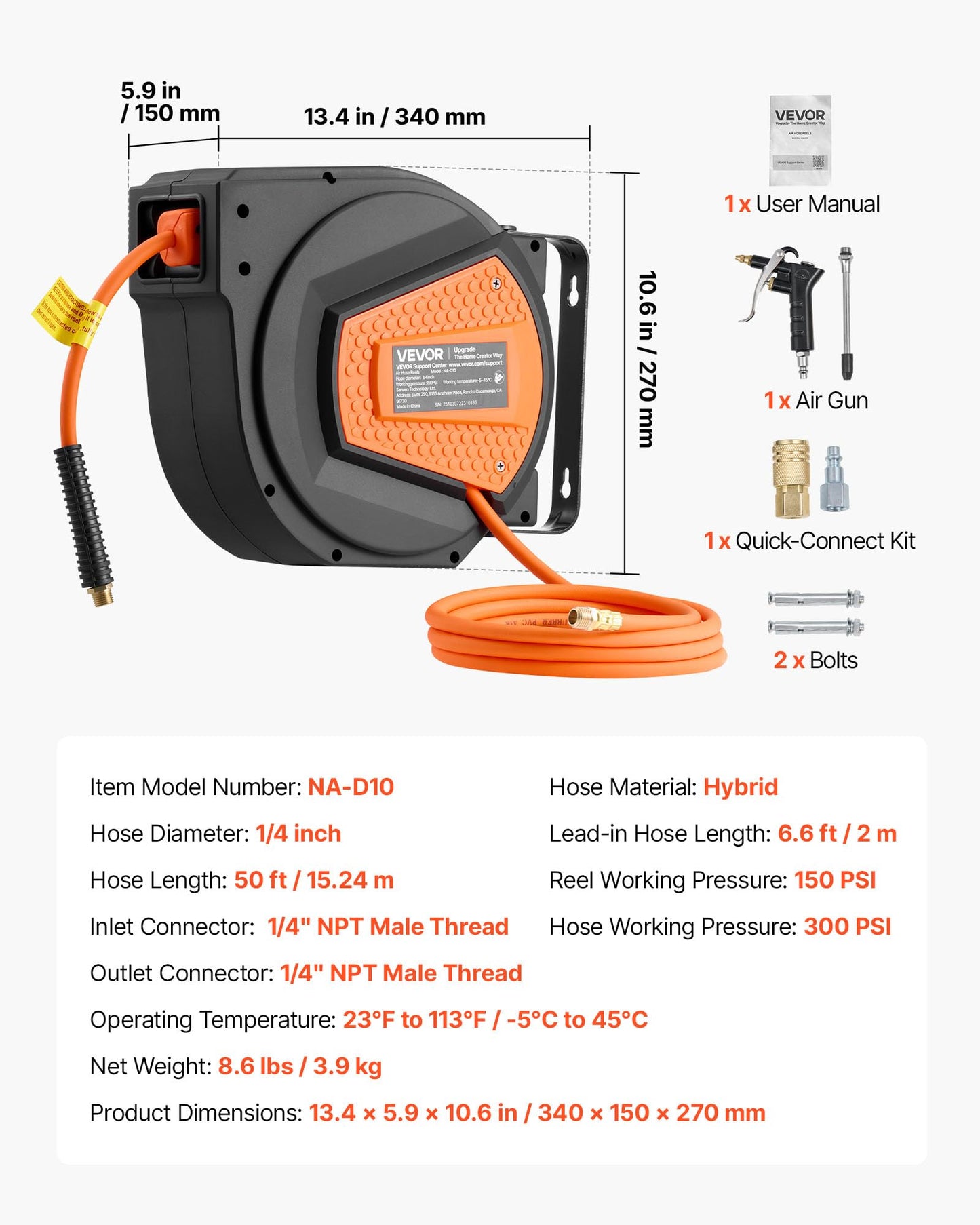 VEVOR Retractable Air Hose Reel, 1/4 Inch x 50 FT Hybrid Air Hose Max 300PSI, Enclosed Air-Compressor Hoses Reel Auto Rewind with 6.6 ft Lead in & Blow Gun, 180° Swivel Ceiling/Wall Mount VEVOR