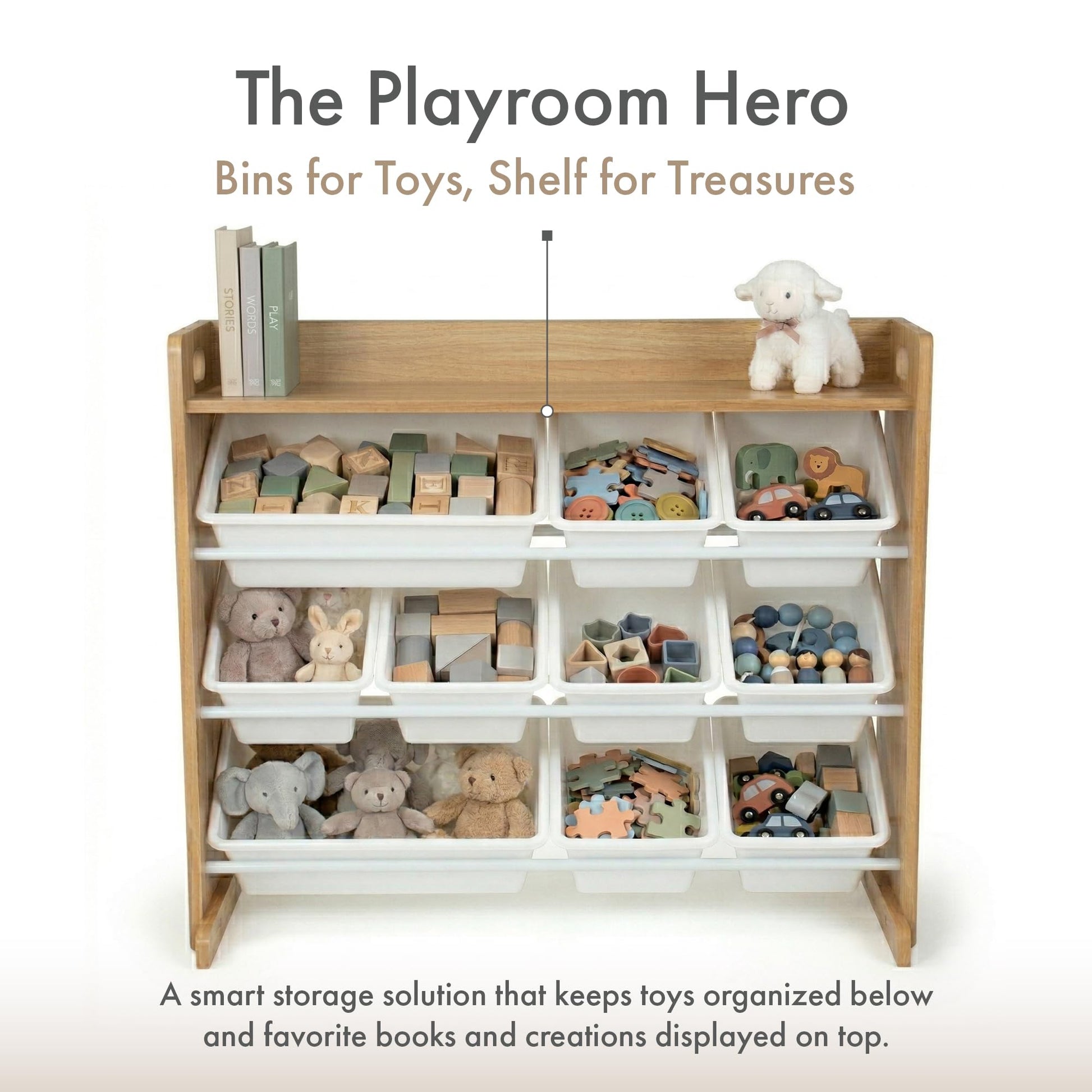 Humble Crew Toy Storage Organizer with Top Shelf and 9 Removable Bins, Natural/White – Toddler Bookshelf with Toy Organizer - Modern Toy Rack Ideal for Kids' Rooms, Playrooms, and Nurseries Humble Crew