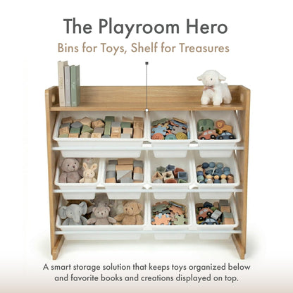 Humble Crew Toy Storage Organizer with Top Shelf and 9 Removable Bins, Natural/White – Toddler Bookshelf with Toy Organizer - Modern Toy Rack Ideal for Kids' Rooms, Playrooms, and Nurseries Humble Crew