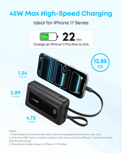 Anker Zolo Power Bank, 20,000mAh 45W Max Fast Portable Charger with Built-in USB-C Cable, USB C&A, 40W Battery Pack for iPhone 17 Series, MacBook, Samsung, and More (Built-in C Cable*2)