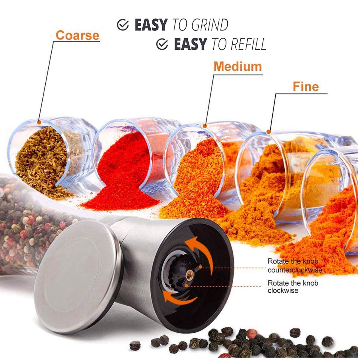 Pepper Grinder or Salt Grinder, Best Spice Mill with Ceramic Blades, Adjustable Coarseness, Brushed Stainless Steel Cap, and Refillable Tall Glass Body with 6OZ Capacity (7.5") - Available at All In One Marketplace Canada