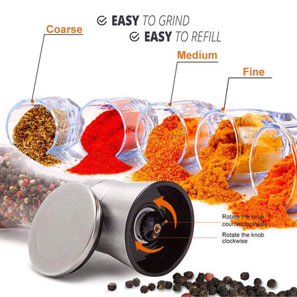 Pepper Grinder or Salt Grinder, Best Spice Mill with Ceramic Blades, Adjustable Coarseness, Brushed Stainless Steel Cap, and Refillable Tall Glass Body with 6OZ Capacity (7.5") - Available at All In One Marketplace Canada
