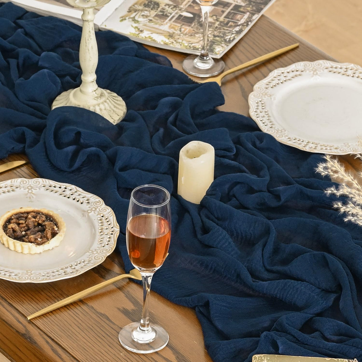 Artoid Mode Boho Cheesecloth Gauze Navy Blue Wedding Table Runner, 300 cm Seasonal Fabric Kitchen Dining Holiday Table Decor for Home Party Indoor 🍁 All In One Marketplace Canada