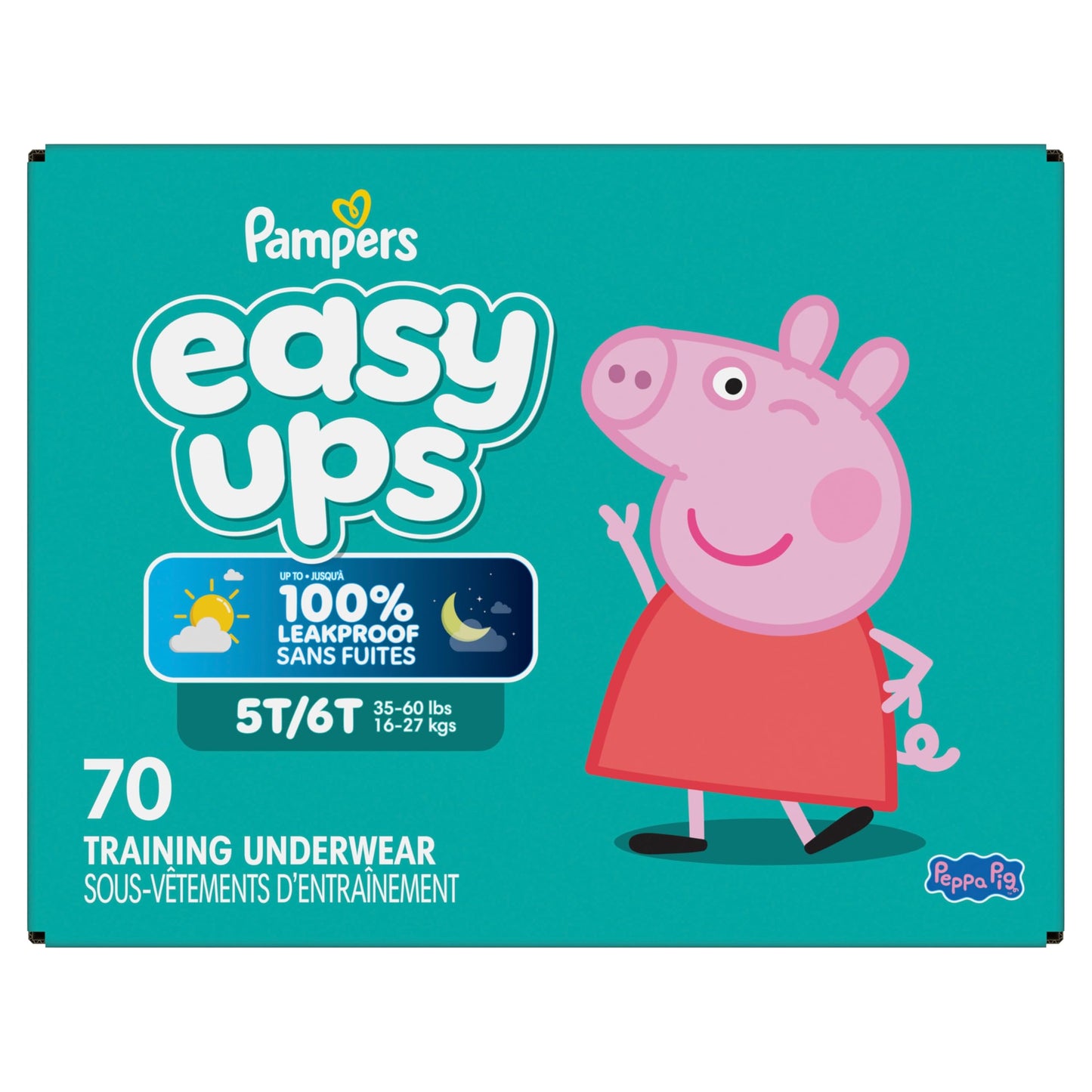 Pampers Easy Ups Girls & Boys Potty Training Pants, Size 7 (5T6T), Peppa Absorbent Training Underwear, Up to 100% Leakproof Day and Night, Hypoallergenic, 1 Pack (Count of 70)