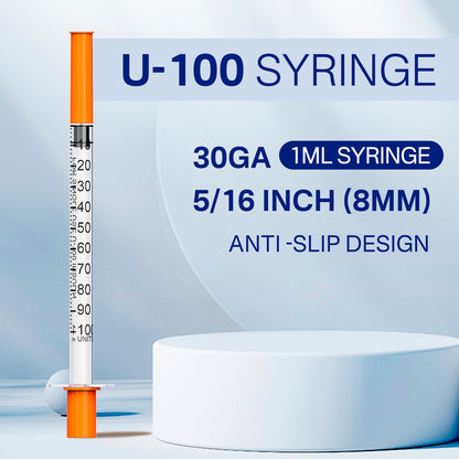 1ml Insulin Syringes 30G 5/16 Inch (8mm) with Needle, Individually Wrapped, Pack of 100