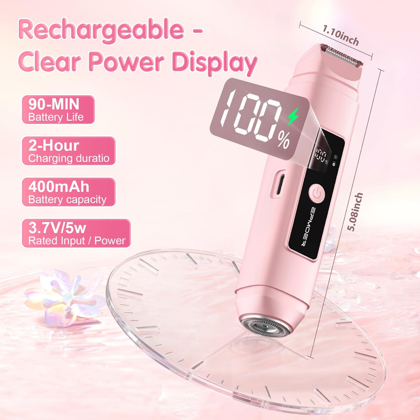Bikini Trimmer Women, 2 in 1 Electric Razor, Painless Shaver for Women, IPX7 Waterproof USB Rechargeable Wet & Dry Hair Trimmer, Portable Travel Groomer for Bikini Line, Legs and Underarms, Pink