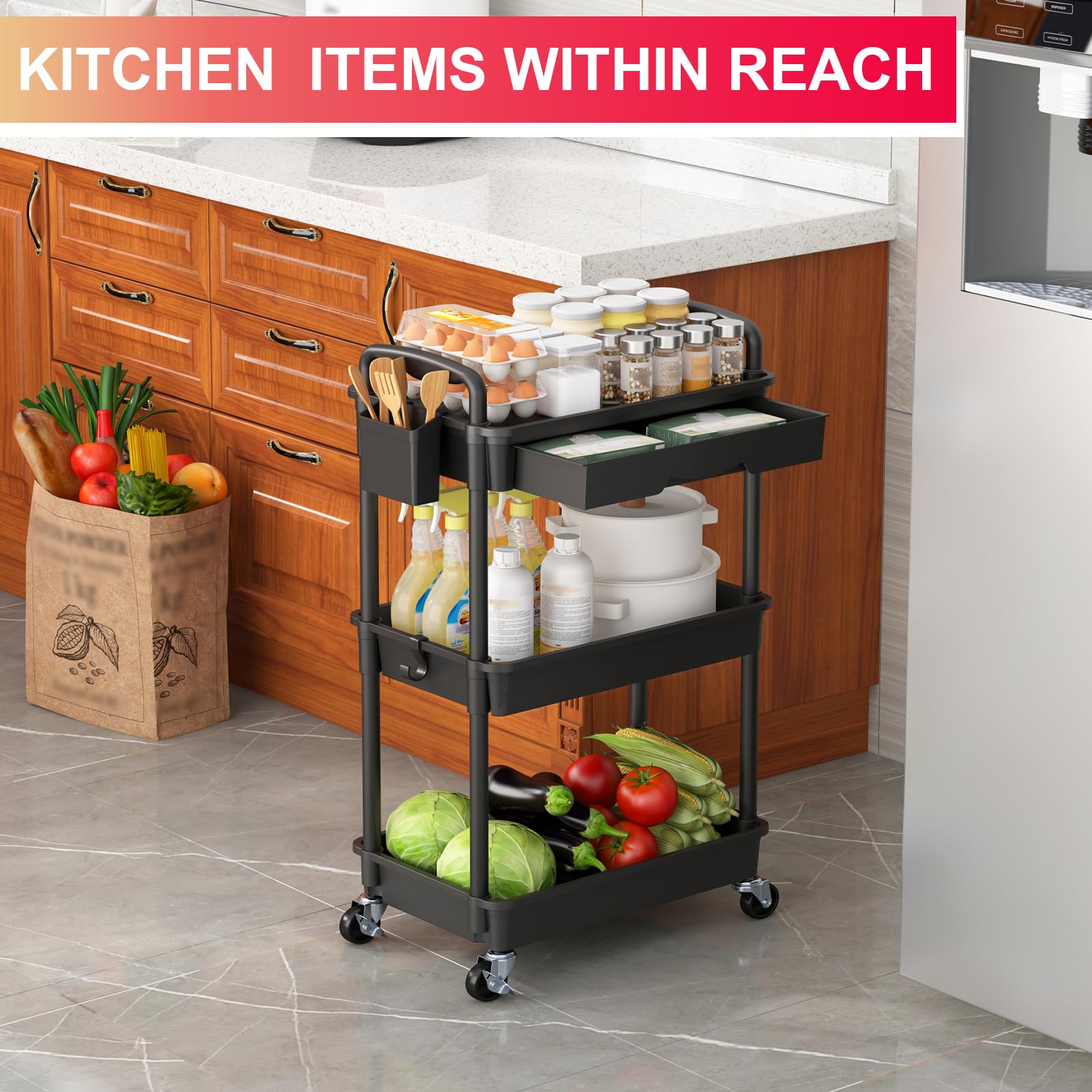 Goovilla 3 Tier Rolling Utility Cart Organizer with Removable Drawer, Stable and Sturdy Black Rolling Storage Carts with 2 Lockable Wheels for Bathroom, Kitchen, Snack, Craft, Makeup, Baby Essentials - Available at All In One Marketplace Canada
