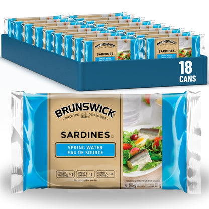 Brunswick Sardines in Spring Water - 18 Pack (106g) | High-Protein Canned Fish with Omega-3