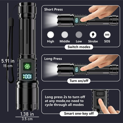 Rechargeable Flashlight 2 Pack, 990000 High Lumens LED Flash Light, Brightest Zoomable Lampe with LCD Digital Display, 5Modes Super Bright Flashlights, Powerful Tactical Flashlight for Outdoor, Gift - Available at All In One Marketplace Canada