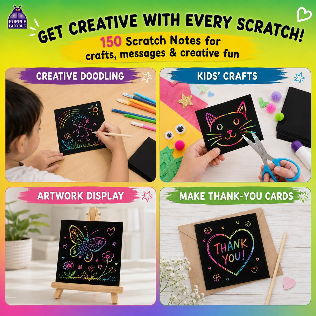 150 Rainbow Scratch Art Paper Mini Notes - Ideal Stocking Stuffers for Kids 🍁 All In One Marketplace Canada