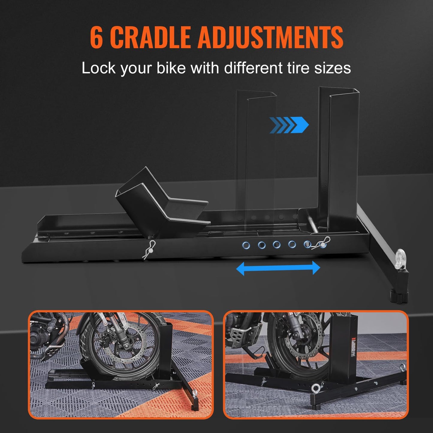 VEVOR Motorcycle Wheel Chock Upright, 1800 lbs Capacity, Heavy-duty Steel Motorcycle Front Wheel Stand with 6 Adjustable Holes, For 15"-22" Off-Road Motorcycles, Standard Motorcycles VEVOR