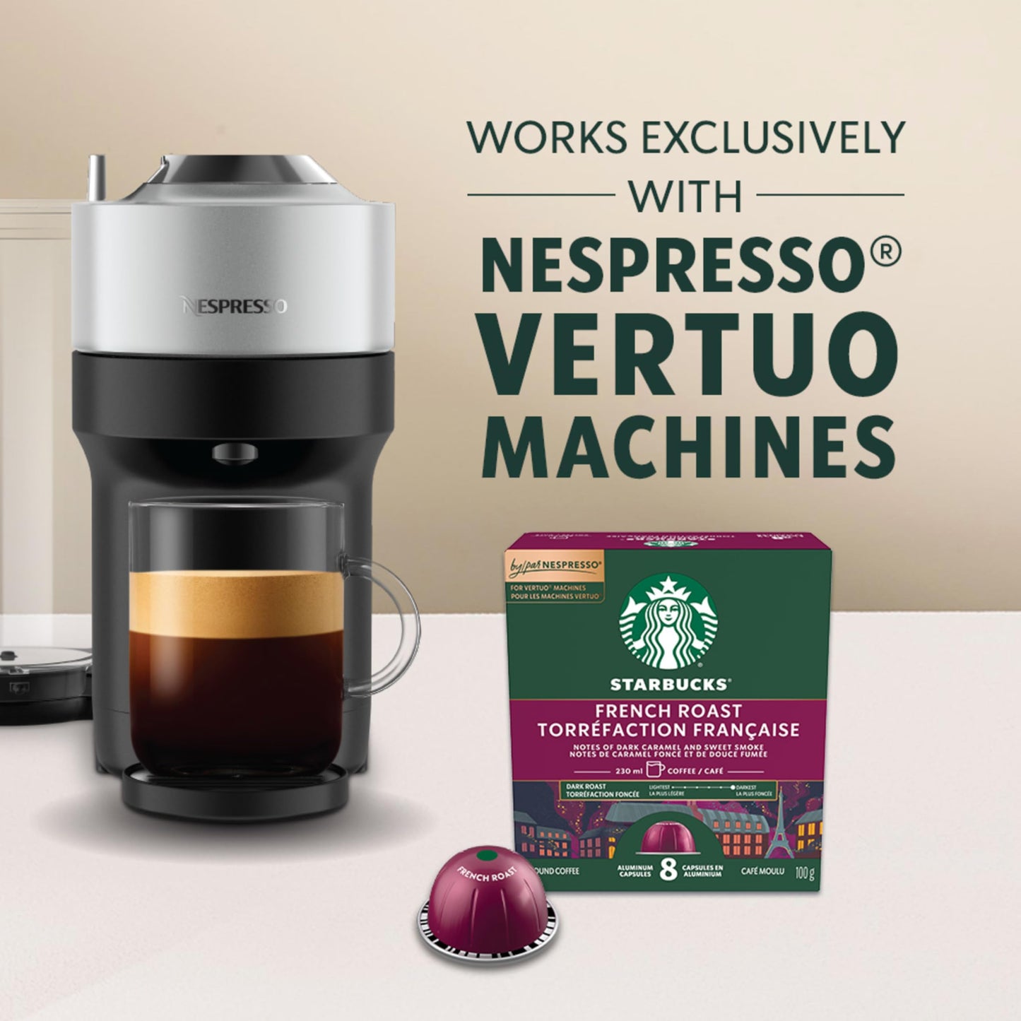 Starbucks French Roast for Nespresso Vertuo – Dark Roast Coffee Capsules with Caramel & Smoke Notes, 4 Boxes (400g)