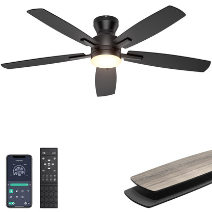 Ohniyou 52'' Ceiling Fan with Lights: Smart Fan with remote & APP Control - Low Profile Ceiling Fan with Quiet Performance - Flush Mount Outdoor Ceiling Fan (Black) - Available at All In One Marketplace Canada